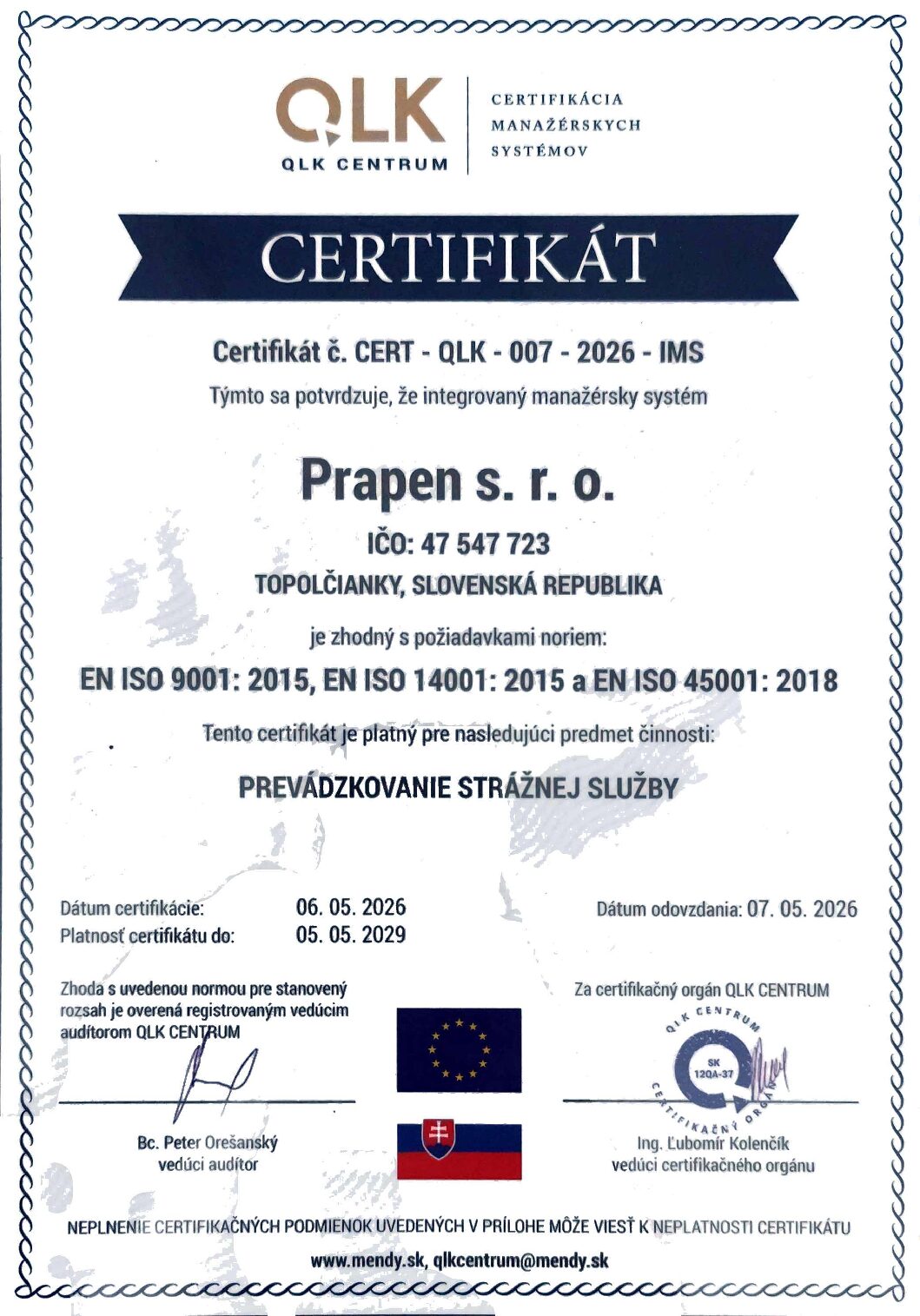 Spoľahlivé bezpečnostné služby 19 PRAPEN - Prapen SBS bezpecnostna sluzba Iso certifitkat 1 pdf