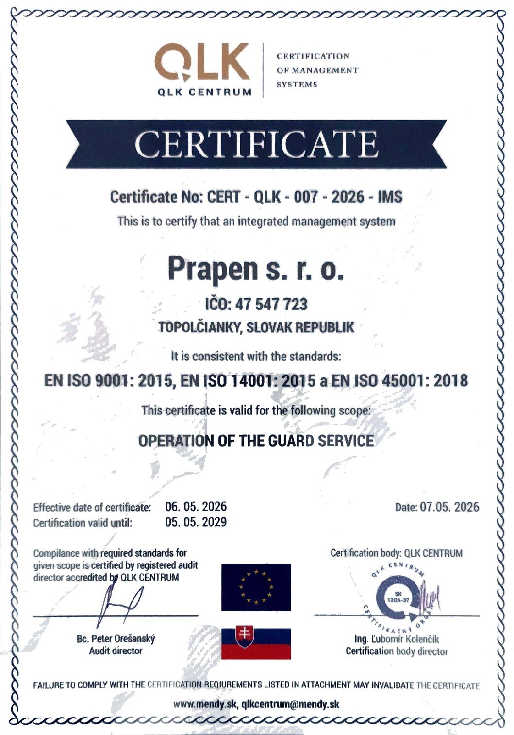 Spoľahlivé bezpečnostné služby 20 PRAPEN - Prapen SBS bezpecnostna sluzba Iso certifitkat 2 pdf